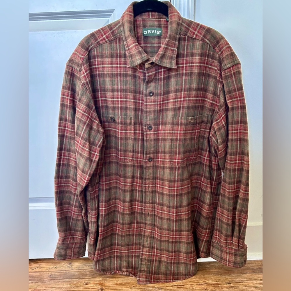 Orvis Men’s Large Flannel Shirt Plaid 100% Cotton Red Green Brown Heavyweight